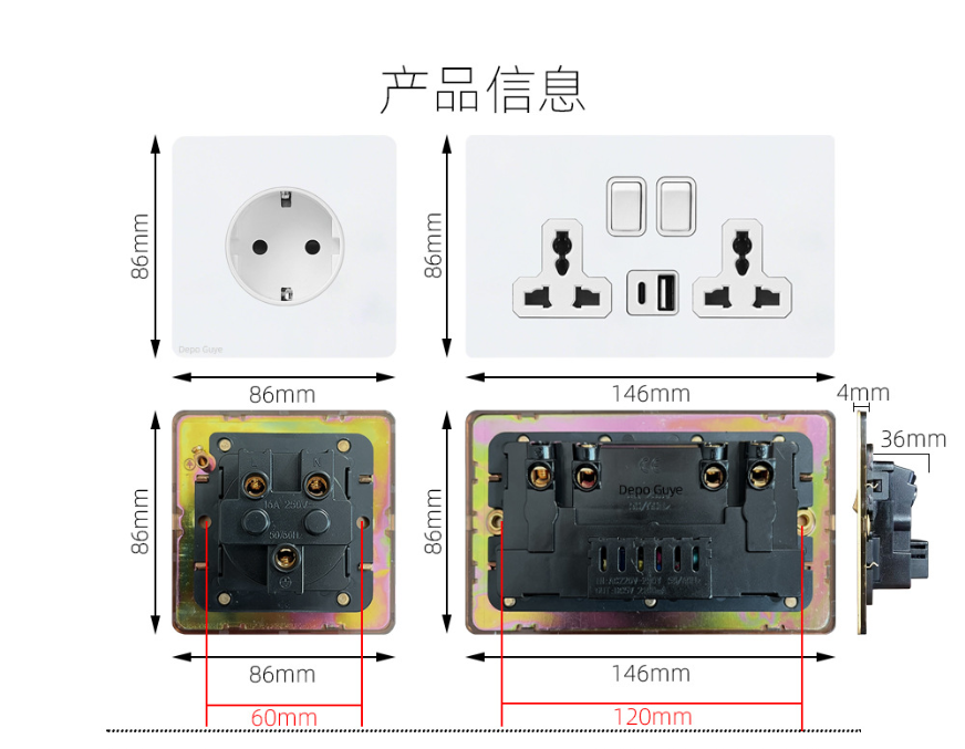LIWBET Retro style 1 gang / 2 gang/ 3 gang / 4 gang  2 way light switch and white stainless steel panel toggle lamp switch and wall socket
