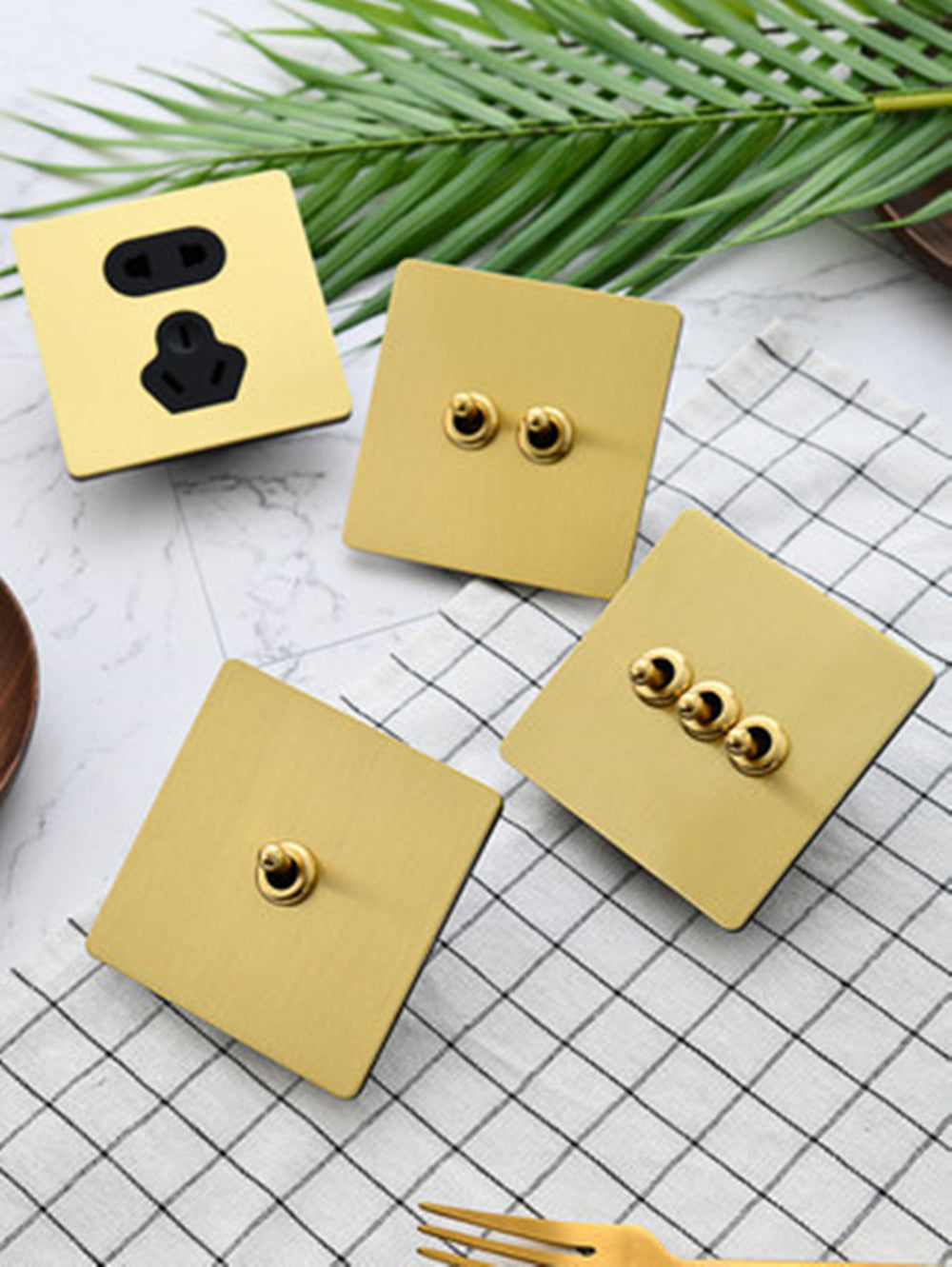 LIWBET Retro style Gold Color 1 gang / 2 gang/ 3 gang / 4 gang  2 way light switch and stainless steel panel toggle lamp switch and wall socket